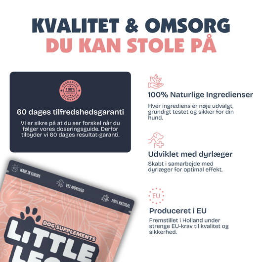 [da] Produktemballage med tekst om kvalitet og omsorg, inklusive 60-dages tilfredshedsgaranti og naturlige ingredienser.