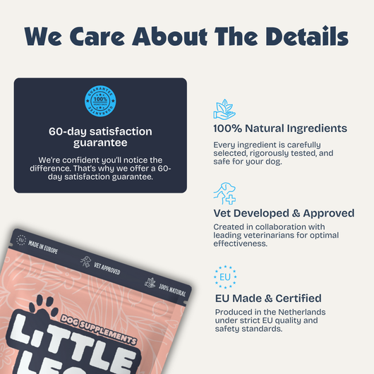 [en] Dog supplement packaging with certification details on a white background