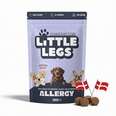 [da] Dog supplements package for allergy with 'Little Legs' branding on a white background