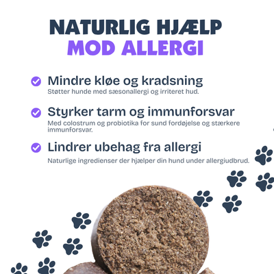 [da] Product packaging with text about natural help for allergies on a white background with paw prints.