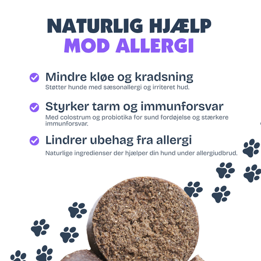 [da] Product packaging with text about natural help for allergies on a white background with paw prints.