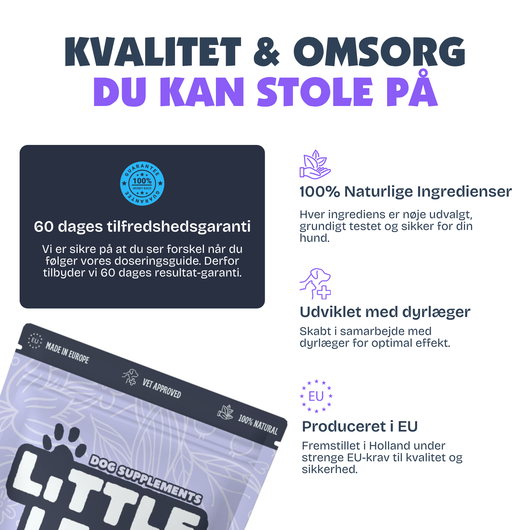 [da] Produktemballage med tekst om kvalitet og omsorg, inklusive 60-dages tilfredshedsgaranti og naturlige ingredienser.