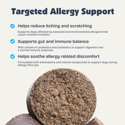 [en] Product packaging for targeted allergy support with text detailing benefits on a white background.