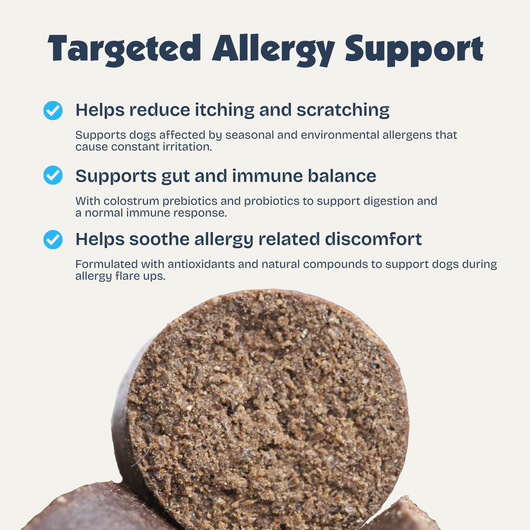 [en] Product packaging for targeted allergy support with text detailing benefits on a white background.