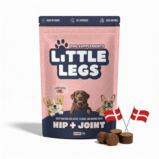 [da] Dog supplements package for hip and joint health with illustrations of dogs and Danish flags on a pink and blue background.