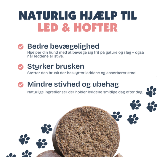[da] Product packaging with text about joint support for dogs, featuring paw prints on a white background.