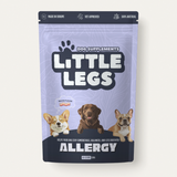 [en] Dog supplements package for allergy with 'Little Legs' branding on a light purple background