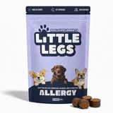 [da] Dog supplements package for allergy with 'Little Legs' branding on a white background