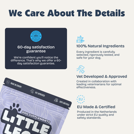 [en] Dog supplement packaging with certification details on a white background