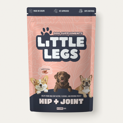 [en] Dog supplements package for hip and joint health with 'Little Legs' branding on a white background.